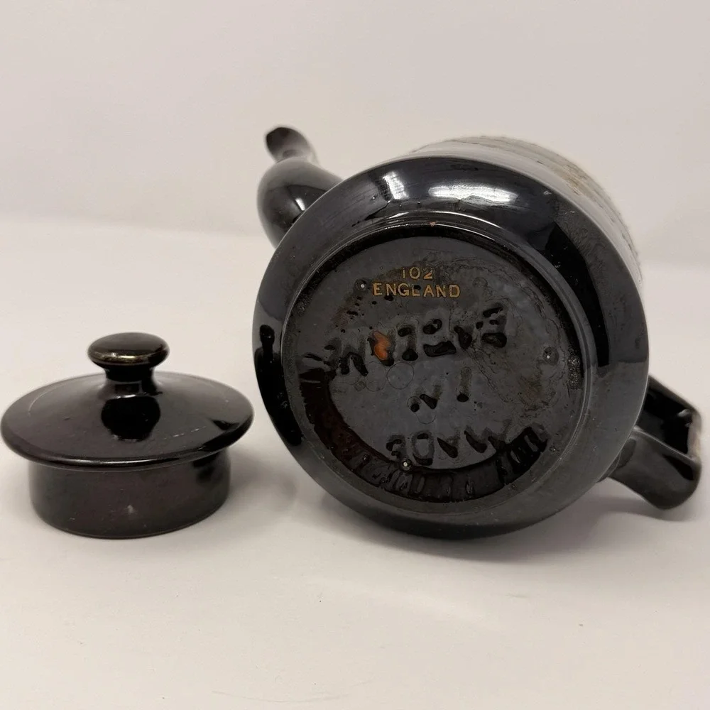 Vintage English Teapot Black Glaze Hand Painted‎ Made in England